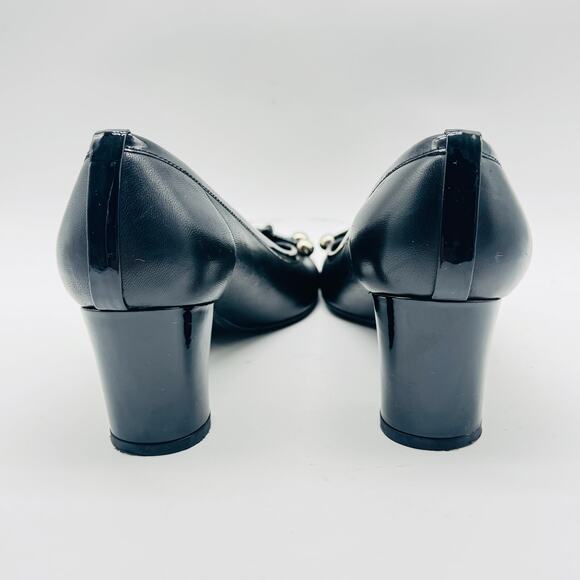 Stuart Weitzman Shoes Womens 7 Black Leather Pump Bow Cap Toe Kitten Chunky Heel - Picture 6 of 9